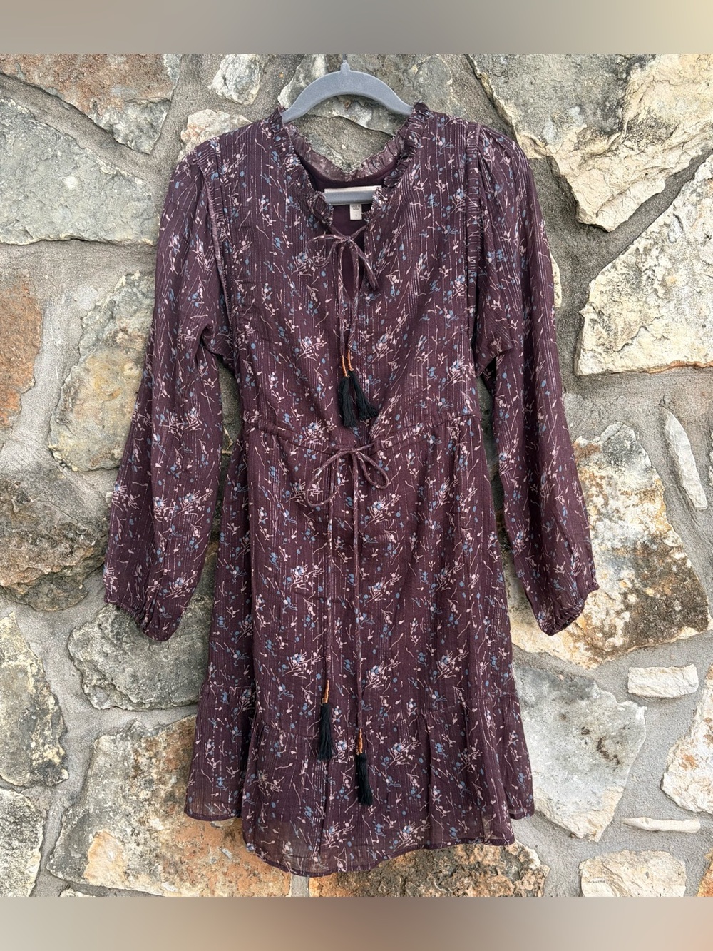 DOLAN Anthropologie burgundy floral print metallic threading boho dress sz SMALL